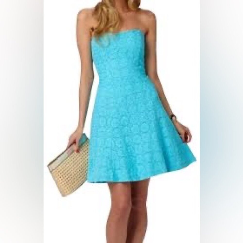 LILLY PULITZER turquoise lace strapless dress fit flare aqua 00 XOXO blue line